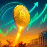 A radiant golden Bitcoin rockets skyward over a bright city skyline as green candlesticks and teal arcs surge upward, symbolizing a euphoric breakout toward new highs.
