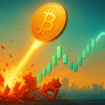 Cinematic scene of a blazing Bitcoin rocketing past shattered red short barriers with rising green candles, a Federal Reserve seal, and a glowing rate dial hinting at cut bets.