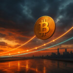 a glowing Bitcoin coin suspended over a reflective city waterfront at dramatic dusk, with sweeping orange and teal power-law rails arcing through the sky and mirroring on wet stone to evoke model tension and volatility.