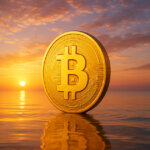 A solitary golden Bitcoin rises from calm water under a radiant sunrise with vivid oranges, pinks, and soft blues, its reflection shimmering in gentle ripples for a clean, iconic sense of awakening.