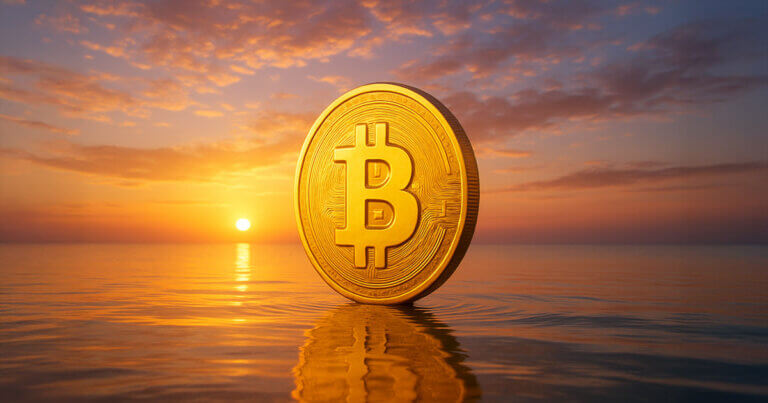 A solitary golden Bitcoin rises from calm water under a radiant sunrise with vivid oranges, pinks, and soft blues, its reflection shimmering in gentle ripples for a clean, iconic sense of awakening.