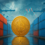 A cinematic 16:9 scene of a golden Bitcoin squeezed between towering red (China) and blue (U.S.) shipping containers at a bright, misty port, subtle downward candlesticks in the sky, glossy reflections on wet ground, and crisp mid-to-high key lighting in a vivid palette of electric blue, crimson, teal, and gold to evoke anxious déjà vu without using text or faces.