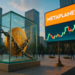 Hyper-realistic low-angle 16:9 outdoor scene of a chained Bitcoin inside a glass cube on a city plaza with a giant Metaplanet billboard showing a glowing candlestick chart against the skyline.