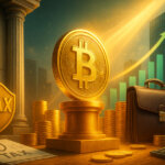 Cinematic scene of a golden Bitcoin on a pedestal flanked by a tax-shield medallion, corporate briefcase, and rising bar chart under warm–teal light, implying favorable tax treatment for BTC treasuries.