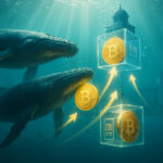 underwater scene shows two giant whales nudging glowing Bitcoin coins into clear floating fund cubes as sunbeams stream from the surface over a submerged skyline, symbolizing whales moving BTC into ETFs.