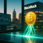 trading office scene shows neon-green “flow” beams rising from a glass price floor to hold a glowing Bitcoin aloft, with BlackRock’s building facade visible through the window and soft-focus market charts in the background.