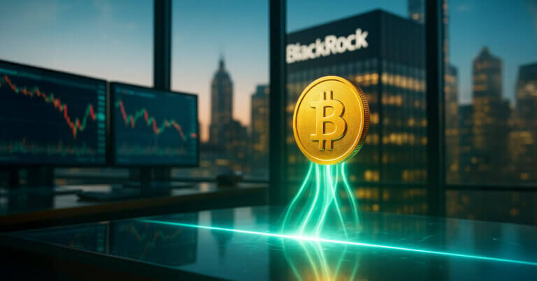trading office scene shows neon-green “flow” beams rising from a glass price floor to hold a glowing Bitcoin aloft, with BlackRock’s building facade visible through the window and soft-focus market charts in the background.