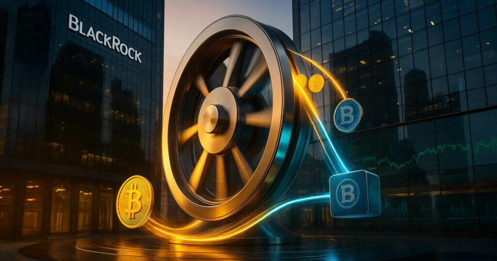 A photorealistic BlackRock plaza features a spinning metal flywheel fed by glowing gold Bitcoin streams and cool-blue tokenized fund flows, symbolizing a powerful ETF–tokenization feedback loop.