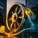 A photorealistic BlackRock plaza features a spinning metal flywheel fed by glowing gold Bitcoin streams and cool-blue tokenized fund flows, symbolizing a powerful ETF–tokenization feedback loop.