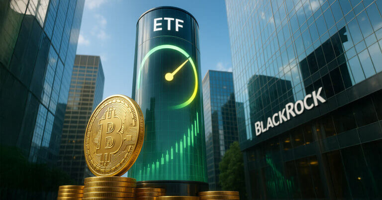 A photorealistic, 16:9 cinematic scene of a bright, glassy financial district where a towering cylindrical ticker labeled “ETF” shows a near-full green gauge and rising candlesticks, a gleaming gold Bitcoin stands atop stacked coins in the foreground, and the BlackRock logo glints on a skyscraper facade, all rendered with high-key lighting and a vibrant mix of emerald, teal, gold, and sky blue.