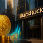 A bright, photorealistic BlackRock headquarters facade with a towering gold Bitcoin in the foreground and multicolored inflow streams rising upward.
