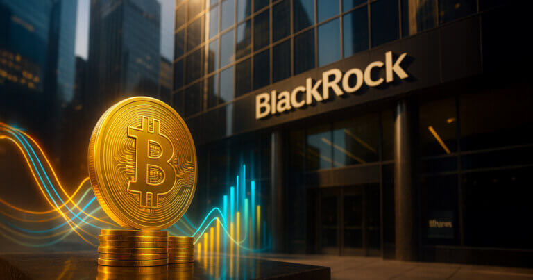 A bright, photorealistic BlackRock headquarters facade with a towering gold Bitcoin in the foreground and multicolored inflow streams rising upward.