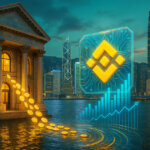 A photorealistic Hong Kong waterfront scene shows a classical bank building spilling glowing coins into Victoria Harbour toward a luminous BNB Chain emblem floating over the skyline, symbolizing a massive money market fund moving on-chain.