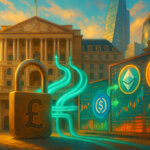 City of London scene with the Bank of England behind an unlocked pound padlock as teal streams bearing accurate USDT and corrected USDC logos surge into glowing Bitcoin and Ethereum symbols over bright market panels.
