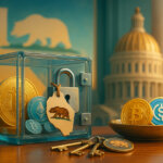 A bright, cinematic scene shows a clear, padlocked custody box of Bitcoin, Ether, and USDC on a wooden desk with California’s bear emblem and Capitol dome in the background, symbolizing in-kind protection of unclaimed crypto.