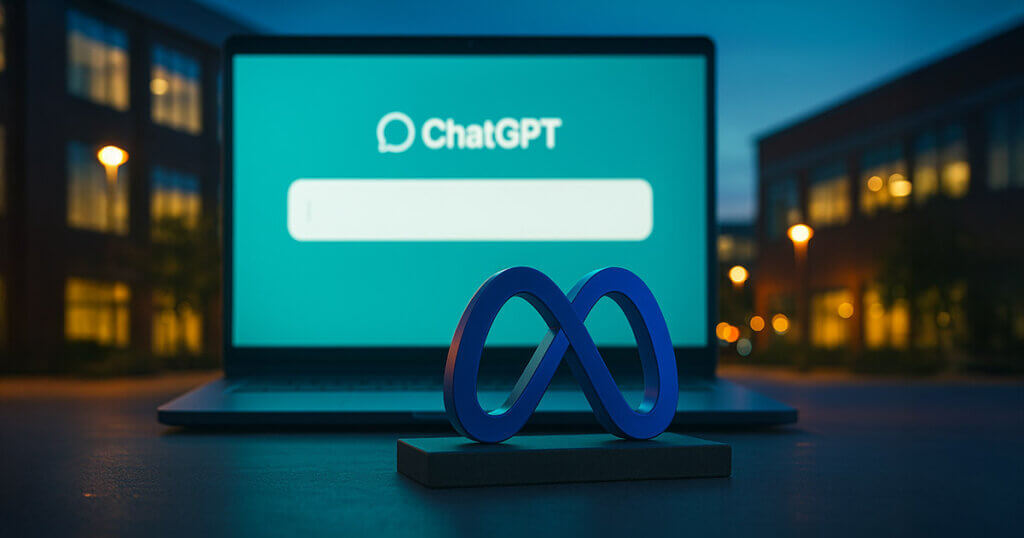 A hyperrealistic 16:9 scene shows an enormous outdoor computer screen displaying a bright ChatGPT prompt box while a glossy metal Meta infinity logo sits prominently in the foreground, with vibrant teal, amber, and magenta lighting for a bold, high-contrast look.