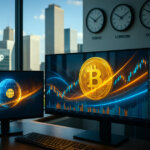 Daylight trading office overlooking Chicago’s skyline with a visible CME Group building, where world clocks and bright BTC futures charts on dual monitors suggest 24/7 markets.