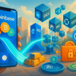 Daylight, photorealistic plaza scene shows a Coinbase-branded phone bridging tokens across a glowing Base pillar into a web of DEX nodes with 1inch and 0x liquidity icons and a locked wallet, symbolizing non-custodial swaps and early access on a decentralized rail.