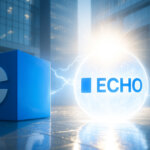 A luminous Echo orb and Coinbase cube connect through brilliant energy as gold tokens flow between them in bright daylight, evoking a dramatic, cinematic acquisition moment.