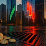 olden-hour city plaza shows Bitcoin and Ethereum coins spilling into a drain in the foreground while a huge red, downward glowing candlestick dominates one glass tower and distant green candlesticks rise on others to signal stocks at new highs.