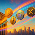 NYSE facade and Manhattan skyline at golden hour with large photoreal Bitcoin, Ethereum, Solana, and XRP coins arcing through five luminous intertwining motion trails that evoke high-stakes leverage without using text or arrows.