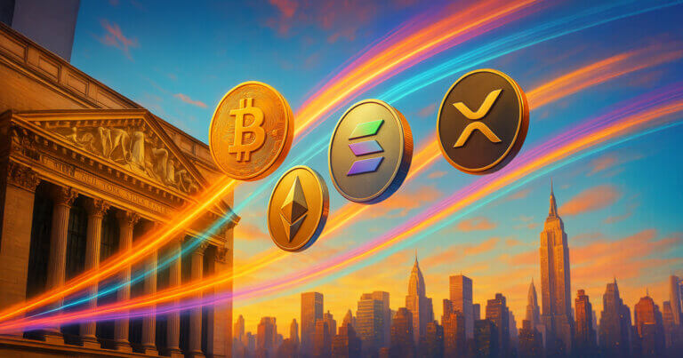 NYSE facade and Manhattan skyline at golden hour with large photoreal Bitcoin, Ethereum, Solana, and XRP coins arcing through five luminous intertwining motion trails that evoke high-stakes leverage without using text or arrows.