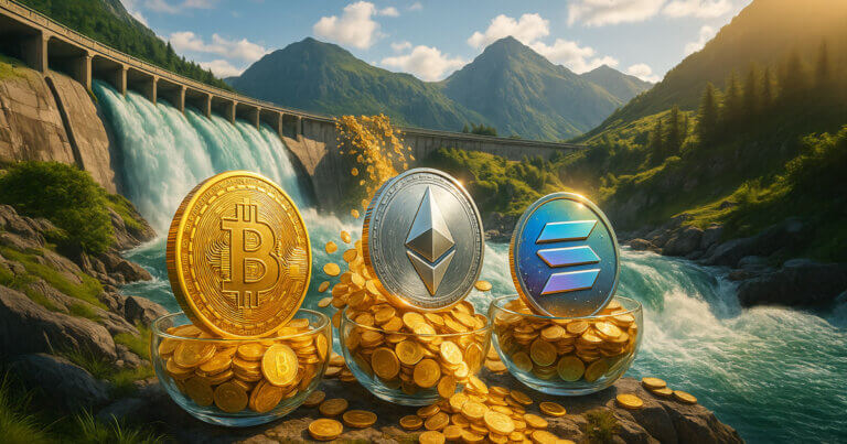 Bitcoin (gold), Ethereum (platinum), and Solana (iridescent) coins with crisp minting, knurled edges, and gleaming reflections set before the turquoise dam spillway and mountain valley.