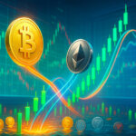 Bitcoin and silver Ethereum coins surging upward on neon price ribbons before glowing green and red candlestick walls, capturing a powerful rebound with lingering volatility.
