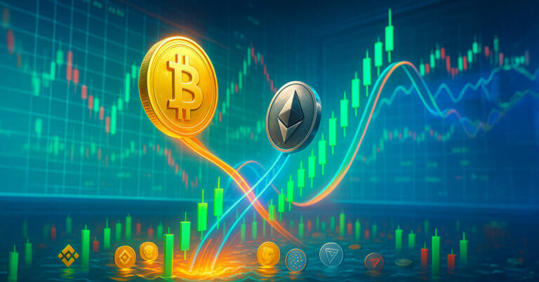 Bitcoin and silver Ethereum coins surging upward on neon price ribbons before glowing green and red candlestick walls, capturing a powerful rebound with lingering volatility.