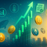 A bright, cinematic 16:9 scene of glowing green candlesticks surging upward over a city at sunrise, with Bitcoin, Ethereum, Solana, and XRP coins orbiting amid icons for ETF approval, cooling inflation, falling rates, whale activity, and short liquidations—rendered in vivid emerald, gold, and electric blue with crisp depth and energetic light trails.