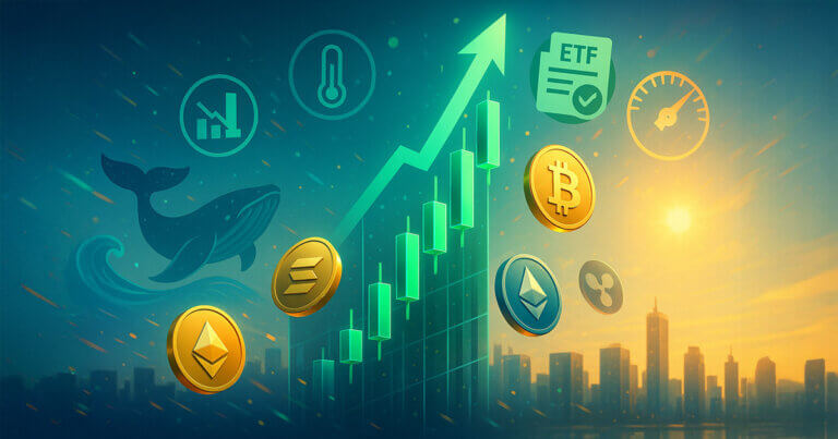 A bright, cinematic 16:9 scene of glowing green candlesticks surging upward over a city at sunrise, with Bitcoin, Ethereum, Solana, and XRP coins orbiting amid icons for ETF approval, cooling inflation, falling rates, whale activity, and short liquidations—rendered in vivid emerald, gold, and electric blue with crisp depth and energetic light trails.