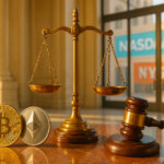 Bitcoin and Ethereum coins beside a gavel and brass scales on a marble desk inside a sunlit neoclassical courthouse with columns and arched windows.