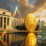 Hyper-realistic outdoor tableau of a gleaming Bitcoin hovering by the Federal Reserve’s reflecting pool as luminous green-red candlesticks rise and glass “ETF” cubes glow against a bright city skyline, evoking the high-stakes macro week ahead.