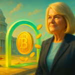 Senator Cynthia Lummis beside the U.S. Capitol as golden Bitcoin coins pass through a glowing green threshold with justice scales and rising market arrows in the background.