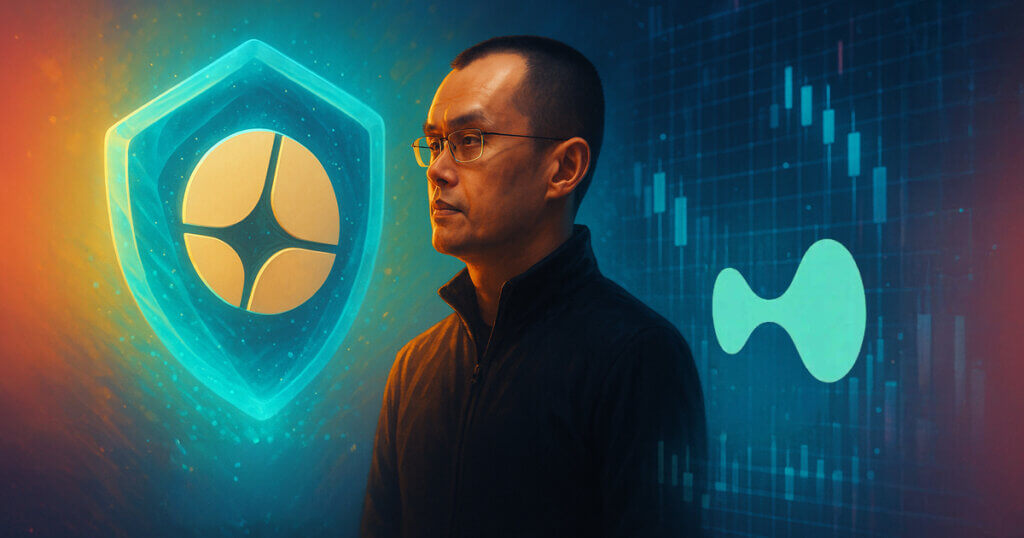 CZ stands between matte Aster and Hyperliquid logos as warm privacy panels face a cool wireframe order-book grid in a bright, cinematic split-tone scen