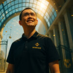 Binance founder Changpeng Zhao beneath a sunlit glass atrium with golden confetti-like highlights, open gates, and subtle justice-scale motifs in cool blues and warm golds symbolizing a pardon.