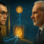 Changpeng Zhao and Peter Schiff across a vault of gleaming gold bars and a glowing Bitcoin network backdrop, with electric-blue “on-chain” lines contrasting warm gold to dramatize the debate over tokenized gold versus native BTC settlement.