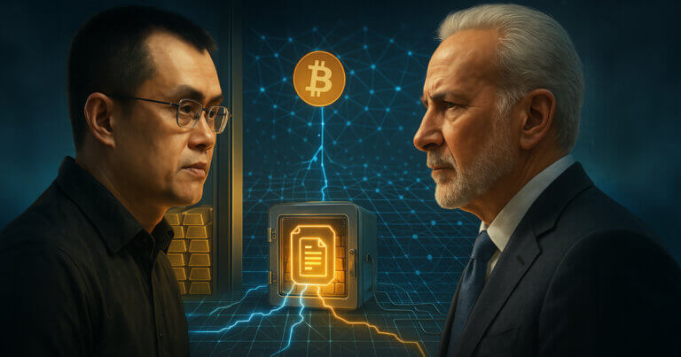 Changpeng Zhao and Peter Schiff across a vault of gleaming gold bars and a glowing Bitcoin network backdrop, with electric-blue “on-chain” lines contrasting warm gold to dramatize the debate over tokenized gold versus native BTC settlement.