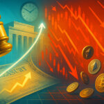 A bright, cinematic 16:9 scene shows a golden auction gavel striking a Treasury certificate as a short-end yield line surges upward while red arrows and tumbling crypto coins cascade across the right side, framed by the Federal Reserve building and a clock set to 1:00.