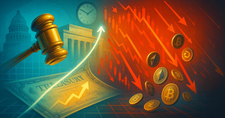 A bright, cinematic 16:9 scene shows a golden auction gavel striking a Treasury certificate as a short-end yield line surges upward while red arrows and tumbling crypto coins cascade across the right side, framed by the Federal Reserve building and a clock set to 1:00.