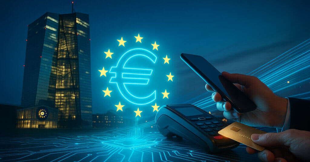 Photorealistic twilight scene of the ECB tower with a holographic euro emblem encircled by stars above luminous circuitry, as a phone taps a POS terminal to signal secure digital euro payments.