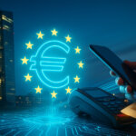 Photorealistic twilight scene of the ECB tower with a holographic euro emblem encircled by stars above luminous circuitry, as a phone taps a POS terminal to signal secure digital euro payments.