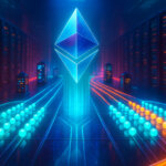 a glowing Ethereum symbol above parallel lanes of teal and amber “blob” spheres splitting and recombining, evoking the Fusaka upgrade’s PeerDAS and increased capacity without any text or faces.