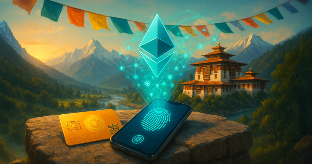 a smartphone and wordless gold ID card on a stone ledge projecting a glowing Ethereum hologram toward a Bhutanese dzong and prayer flags in a sunlit Himalayan valley.