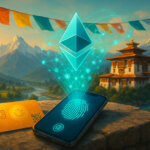 a smartphone and wordless gold ID card on a stone ledge projecting a glowing Ethereum hologram toward a Bhutanese dzong and prayer flags in a sunlit Himalayan valley.