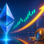 A bright, cinematic scene features a crystalline Ethereum logo and stacked ETH coins as a glowing arrow and green candlesticks rise across a city-lit trading backdrop.