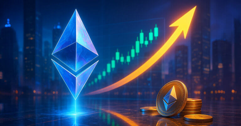 A bright, cinematic scene features a crystalline Ethereum logo and stacked ETH coins as a glowing arrow and green candlesticks rise across a city-lit trading backdrop.