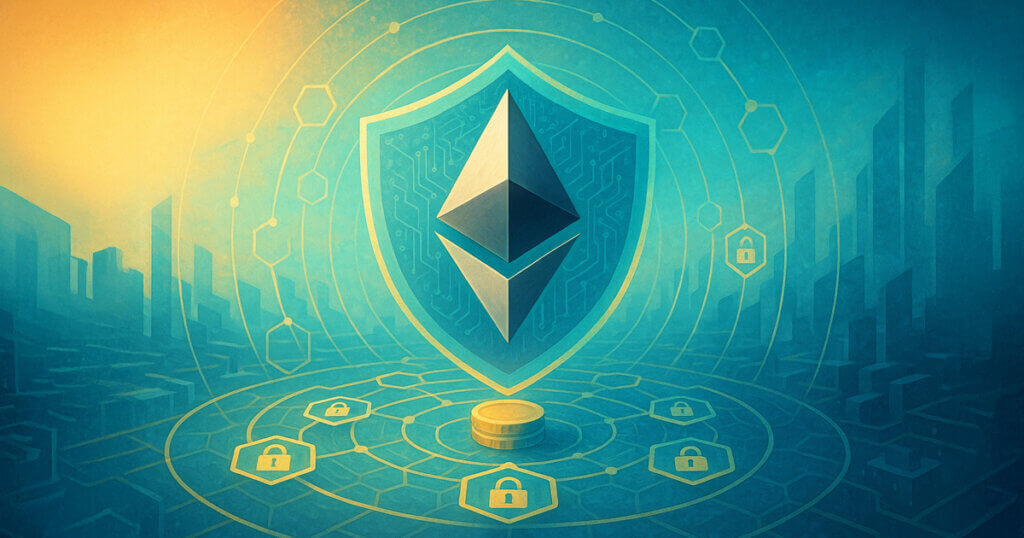 Ethereum logo inside a teal shield at the center of concentric node rings with glowing padlocks, symbolizing a secure privacy cluster over a warm–cool city grid.