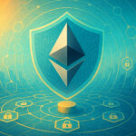 Ethereum logo inside a teal shield at the center of concentric node rings with glowing padlocks, symbolizing a secure privacy cluster over a warm–cool city grid.