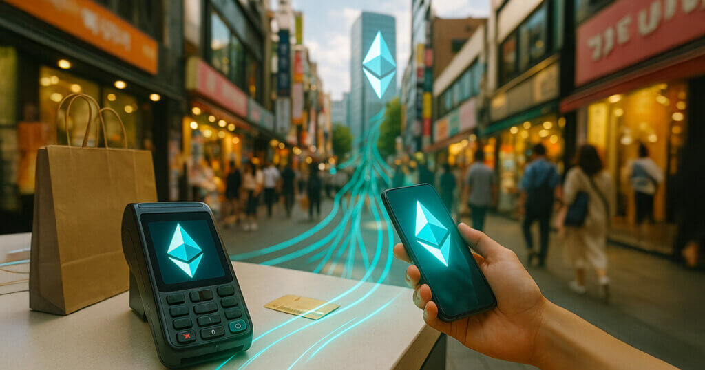 Daylight Seoul shopping street scene where teal payment streams flow from a phone and POS terminal toward a distant glass tower crowned with the Ethereum symbol, suggesting retailers fueling ETH treasuries.